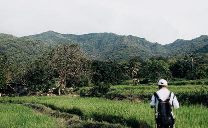 Trekking through rice fields towards forested mountains at Amanoi, Vietnam.