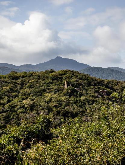 Amanoi 리조트의 파빌리온에서 본 베트남 산림과 먼 산의 풍경.
