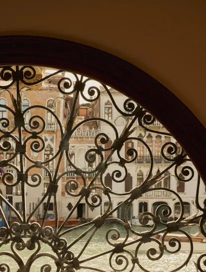 Ornate wrought iron balcony detail at Aman Venice hotel, Grand Canal Suite.