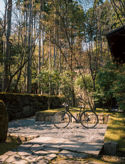 Bicycle parked on a wooden pathway through a forested area at Aman Kyoto resort.