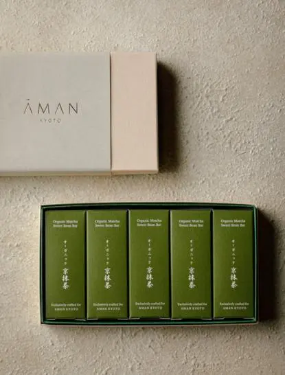 Aman Kyoto matcha sweet bean bar packaging with branded box and five green bars arranged in a row.
