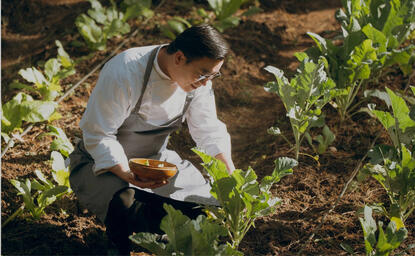 Staff member tending to plants in Thimphu's garden at Amankora.