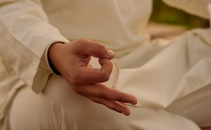 Hands resting during a yoga session at Amanbagh, India.