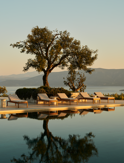 Amanzoe's main pool at dawn, with a solitary tree reflected in still water and distant coastline beyond.