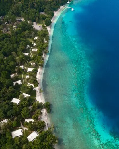 Aerial view of Amanwana's beachfront with tents nestled among tropical forest along turquoise waters, Indonesia.