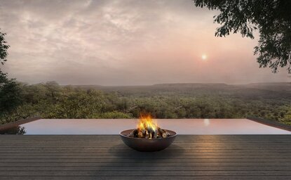 Rendering of Aman Karingani's infinity pool overlooking Mozambique's landscape at dusk.
