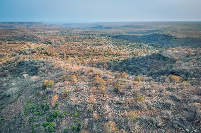 Aerial view of Aman Karingani's surrounding landscape, with scattered woodland and open savanna terrain stretching across rolling hills.