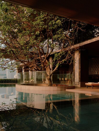 Swimming pool at Aman Nai Lert Bangkok reflects a large tree at night, Thailand.