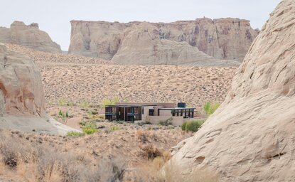 Mesa home at Amangiri set within towering desert rock formations, Utah, USA.