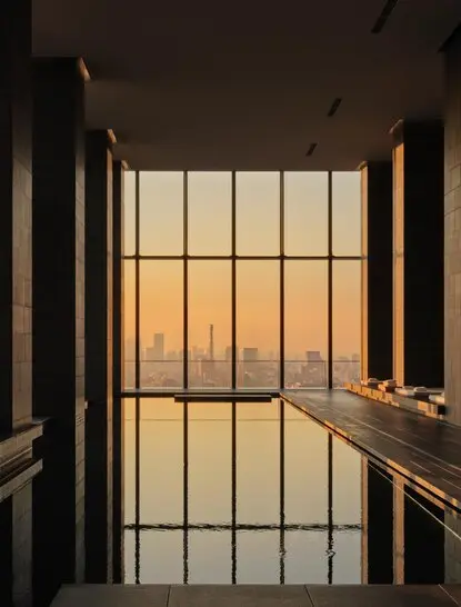 Piscina del spa y bienestar de Aman Tokyo con vistas al atardecer de Tokio a través de ventanales.