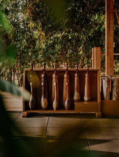 Wooden gym equipment at Aman-i-Khas with natural light filtering through overhead foliage.
