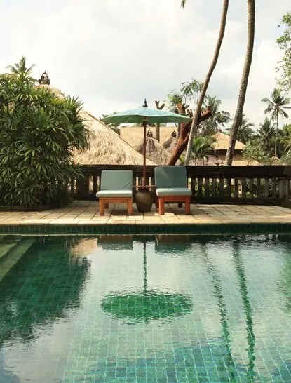 Ayung Pool Duplex Villa at Amandari, Indonesia, with emerald-tiled swimming pool and traditional pavilion.