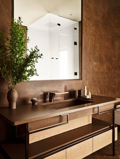 Bathroom vanity at Aman New York with terracotta walls, wooden cabinetry, and potted plant beside mirror.
