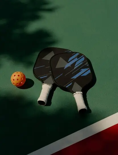 Deux raquettes de pickleball et une balle orange sur un court à Amanyara, la station balnéaire aux Turques-et-Caïques.