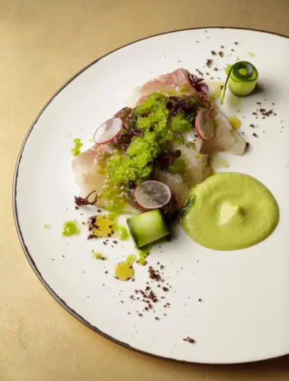 Artfully plated dish at Aman Kyoto featuring seared protein, green vegetables, and delicate garnishes on white plate.
