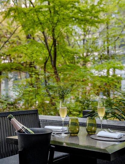 Café gardens at Aman Tokyo with serene water views and verdant foliage, photograph.