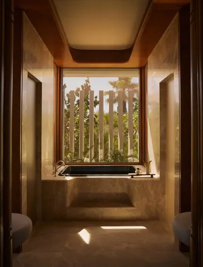 Cuarto de baño de la Casita Horizon en Amanvari, con ventana que enmarca vistas del paisaje desértico mexicano.