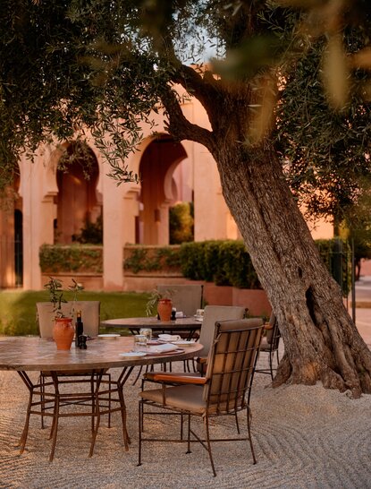 Breakfast terrace beneath olive trees at Amanjena, Morocco, with dining table and chairs at dusk.