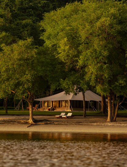 Amanwana bungalow nestled amongst towering trees on a sandy beach at dusk.