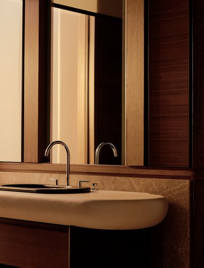 Casita bathroom sink and mirror at Amanvari resort, Mexico.