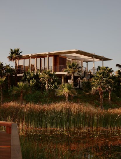 Horizon Casita at Amanvari with views across wetlands at sunset, Mexico.