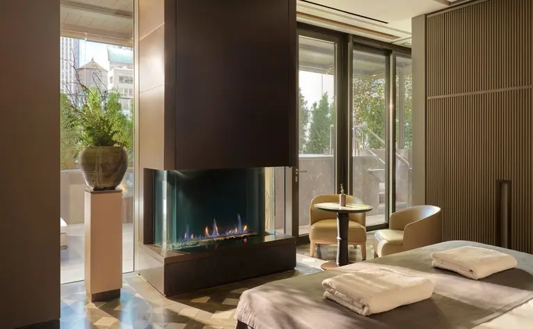Espace spa avec foyer moderne et baies vitrées donnant sur la verdure, à Aman New York.