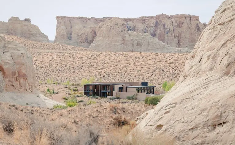 Mesa home at Amangiri set within towering desert rock formations, Utah, USA.