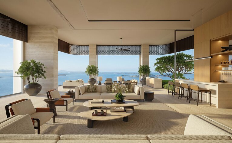 Sky villa living room at Aman Residences Singapore with panoramic city views and contemporary furnishings.