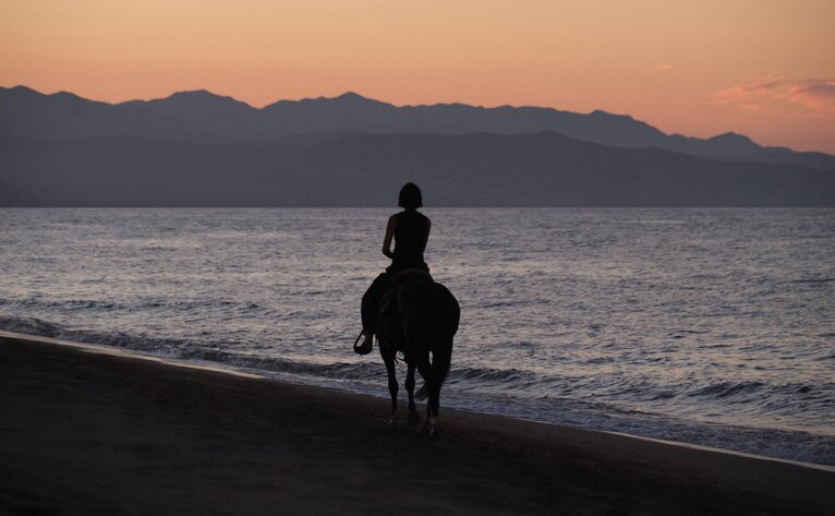 Silhouetted rider on horseback at Amanvari, facing the ocean at sunset along a dark sandy beach.