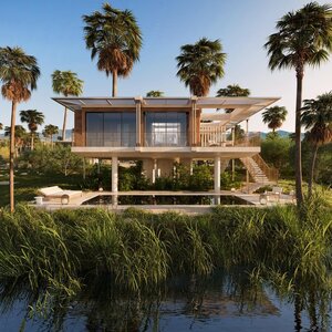 Amanvari casita with timber and stone façade elevated on stilts above a reflective pond, surrounded by palm trees under clear blue sky.