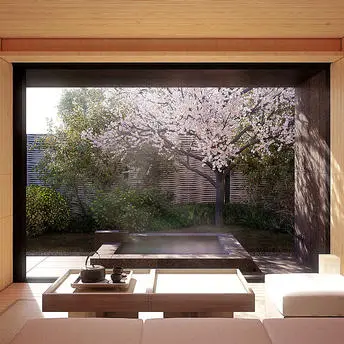 Villa at Amanemu resort with view of cherry blossom tree through open frame, stepping stones and stone walls visible in garden beyond.