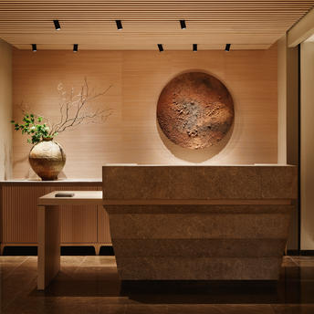 Spa arrival desk at Aman New York with warm wooden surfaces and sculptural accents.