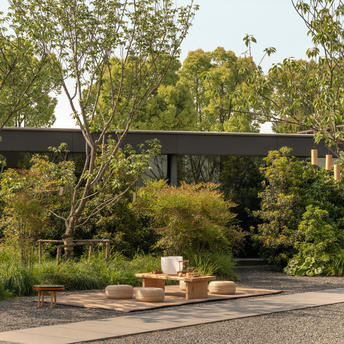 Wellness spa courtyard at Amanyangyun with stone seating and birch trees in China.