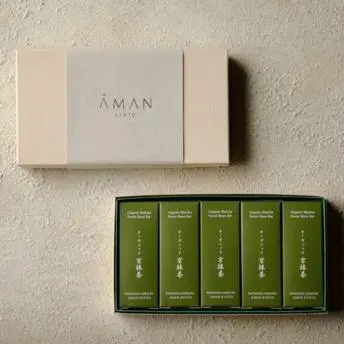 Aman Kyoto matcha sweet bean bar set in branded packaging at the resort.