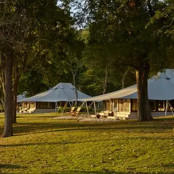 Amanwana garden with illuminated tented accommodation nestled amongst tall trees at dusk.