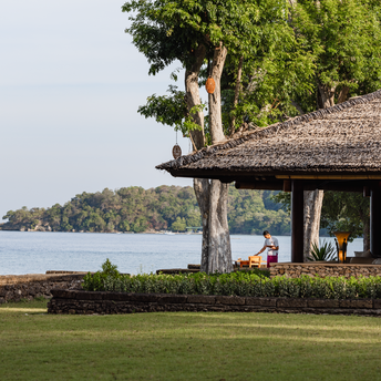 Amanwana's waterfront restaurant with thatched roof, shaded by a large tree, overlooking calm waters and lush gardens.