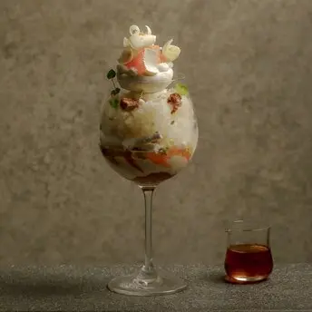Citrus parfait dessert in a tall glass at Aman Tokyo hotel, topped with cream and garnish, beside a small glass of red liquid.