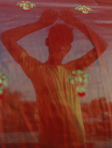 Woman in red sari silhouetted against ornate palace wall at Amanbagh.