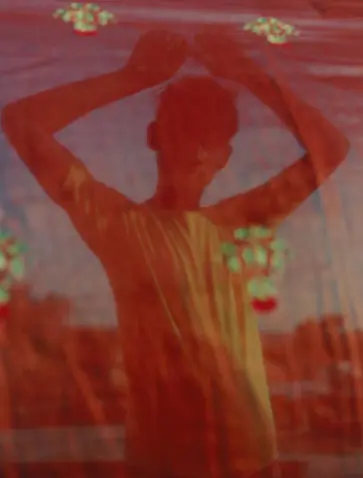 Woman in red sari silhouetted against ornate palace wall at Amanbagh.